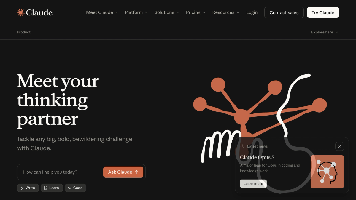 Anthropic Claude homepage showing the Meet your thinking partner headline with a Claude Opus 5 announcement card in the lower right