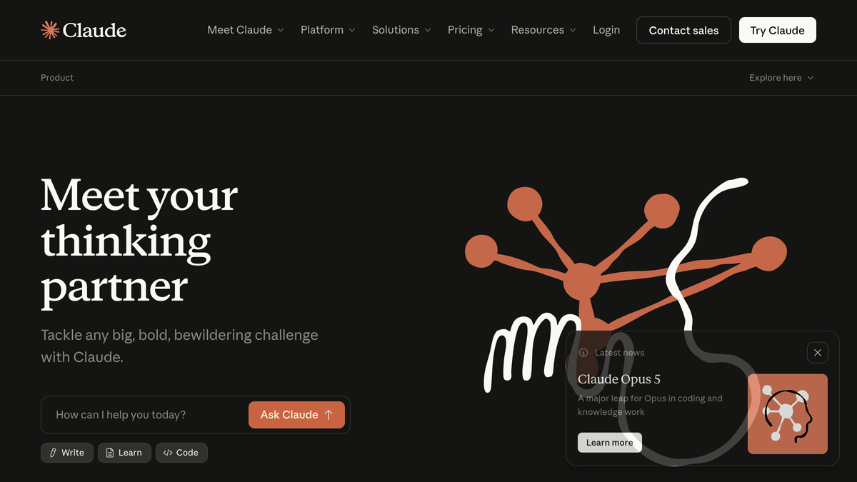 Anthropic Claude homepage showing the Meet your thinking partner headline with a Claude Opus 5 announcement card in the lower right