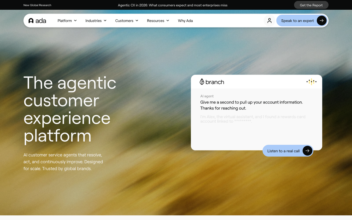 Ada CX AI customer service agent platform homepage