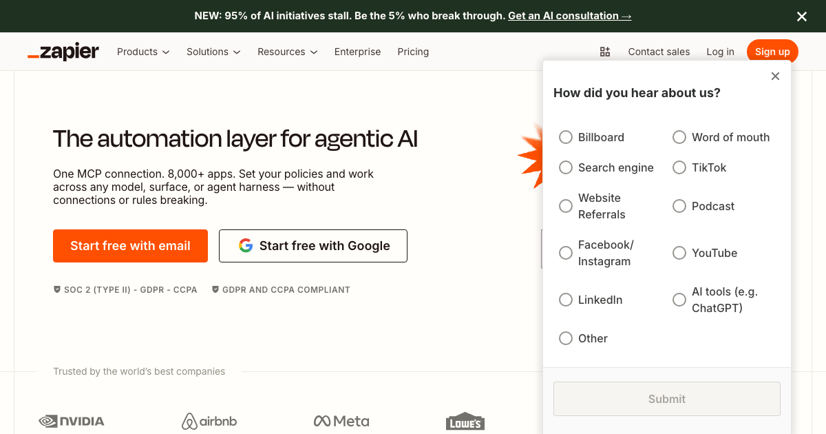 Zapier homepage showing workflow automation that AI agents are beginning to replace