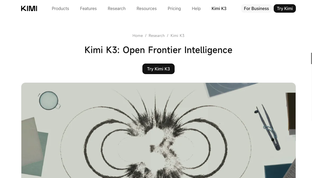 Moonshot AI's Kimi K3 launch page headlined Open Frontier Intelligence