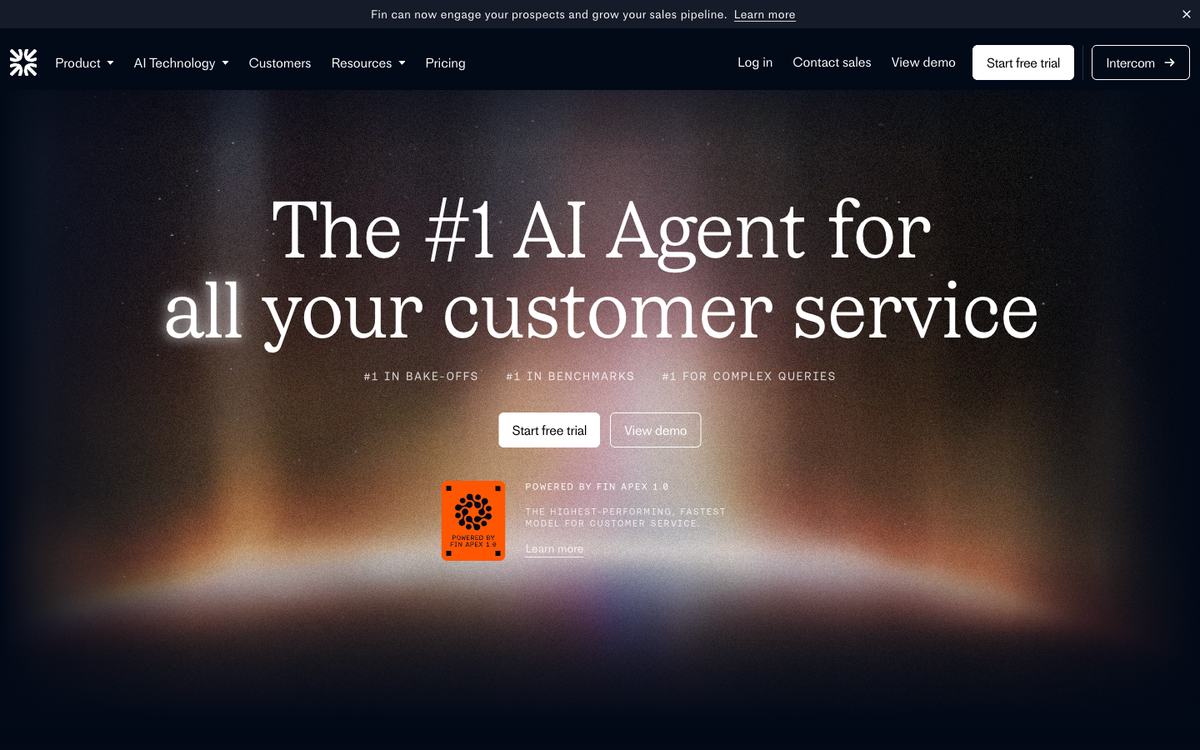 Intercom Fin AI customer service chatbot product page showing 96 percent answer accuracy and pay per resolution pricing