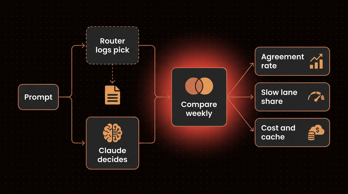 Shadow mode loop where a router logs its pick silently while Claude decides, then the two are compared weekly on three measures