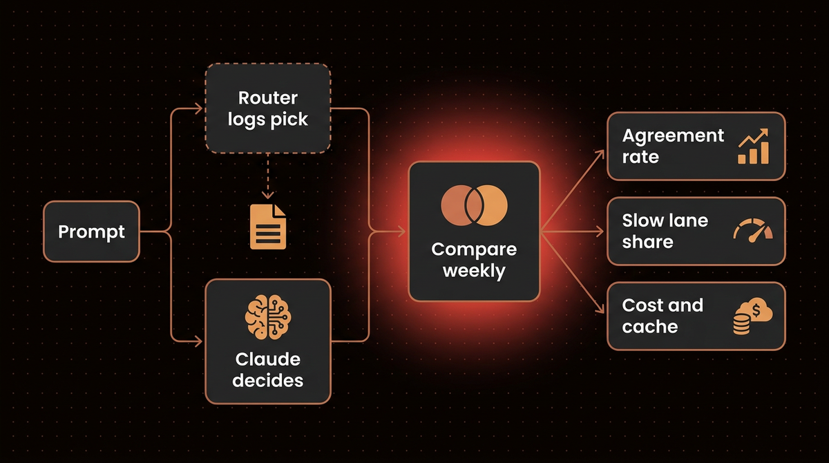 Shadow mode loop where a router logs its pick silently while Claude decides, then the two are compared weekly on three measures