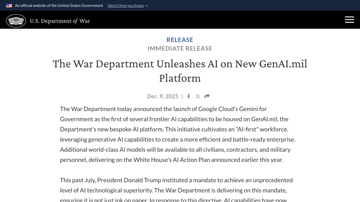US Department of War press release dated December 9 2025 announcing the launch of Google Cloud Gemini for Government as the first frontier AI capability on the GenAI.mil platform
