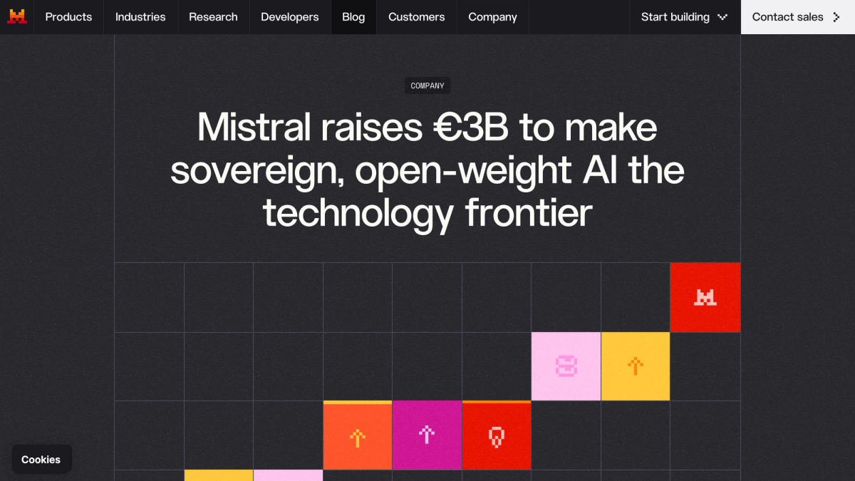 Mistral's funding announcement headline reading Mistral raises €3B to make sovereign, open-weight AI the technology frontier