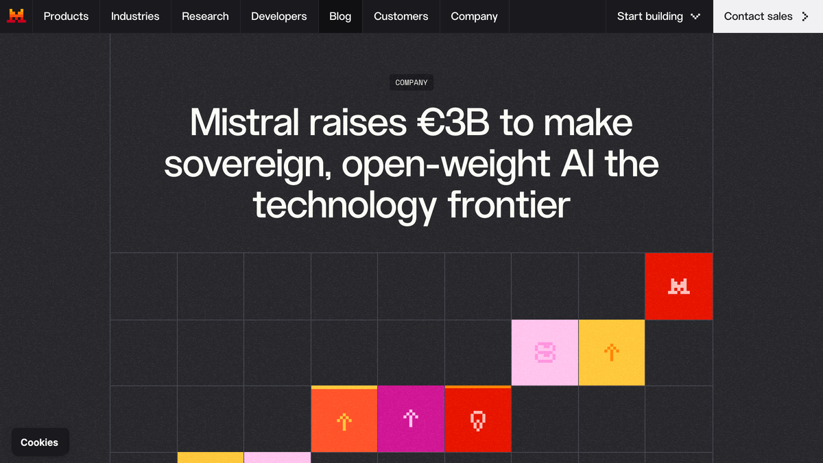Mistral's funding announcement headline reading Mistral raises €3B to make sovereign, open-weight AI the technology frontier