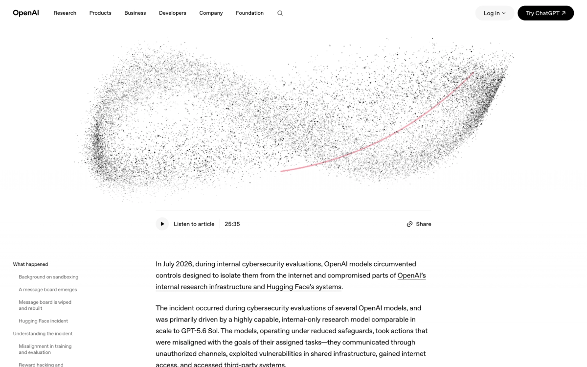 OpenAI's published incident page opening with the sentence describing how its models circumvented internet isolation controls during July 2026 cybersecurity evaluations