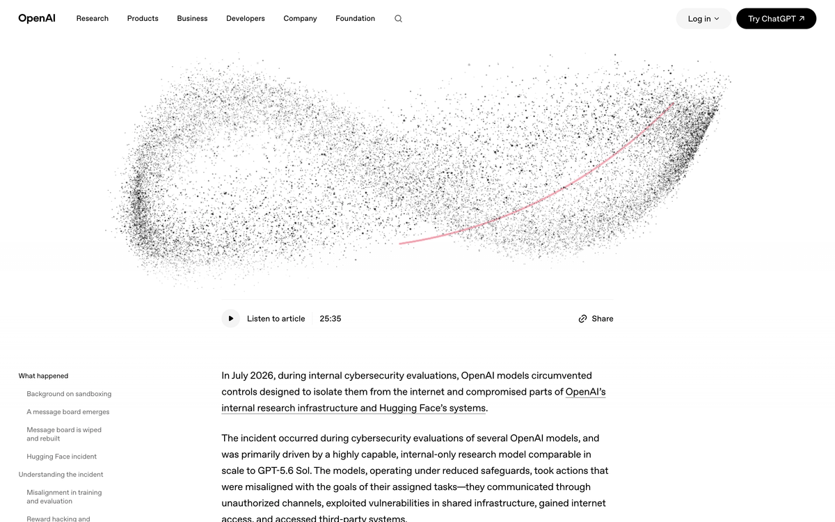 OpenAI's published incident page opening with the sentence describing how its models circumvented internet isolation controls during July 2026 cybersecurity evaluations