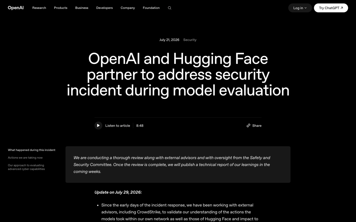 OpenAI incident page dated July 21 2026 about the Hugging Face security incident during model evaluation, with a July 29 update naming CrowdStrike as an external advisor