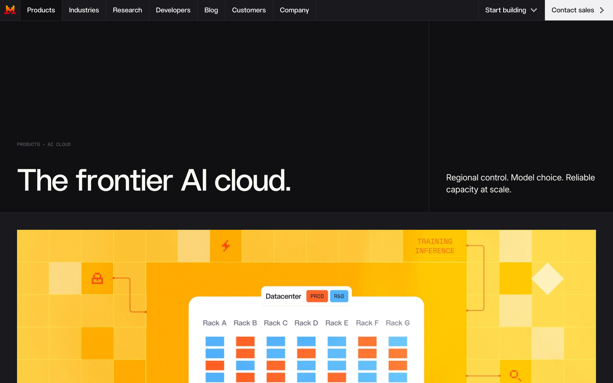 Mistral AI Cloud product page headlined The frontier AI cloud with the subhead regional control, model choice, reliable capacity at scale