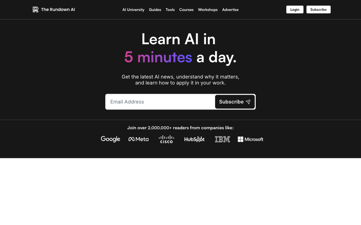 The Rundown AI newsletter homepage showing daily AI news digest format