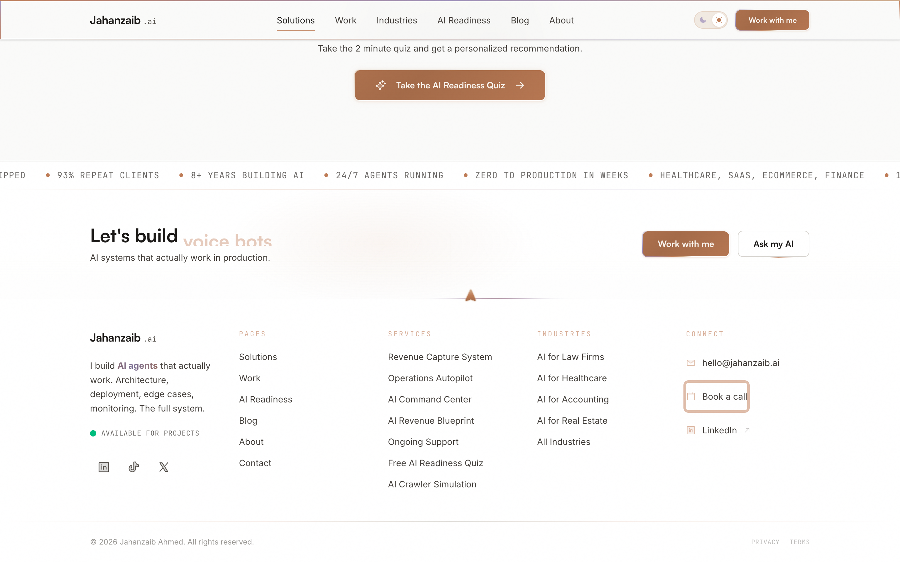Jahanzaib Ahmed solutions page showing AI automation service packages with pricing from strategy audit to full operations build