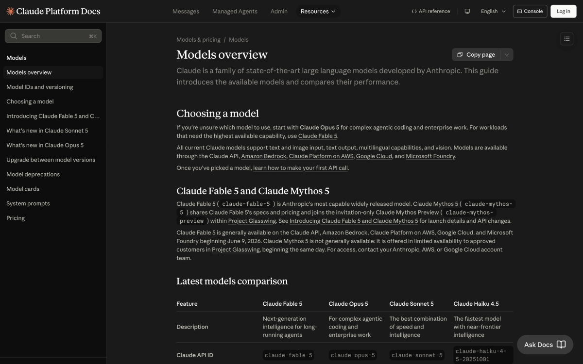 Claude Platform Docs models overview page showing the latest models comparison table with Fable 5, Opus 5, Sonnet 5 and Haiku 4.5 columns and their API identifiers