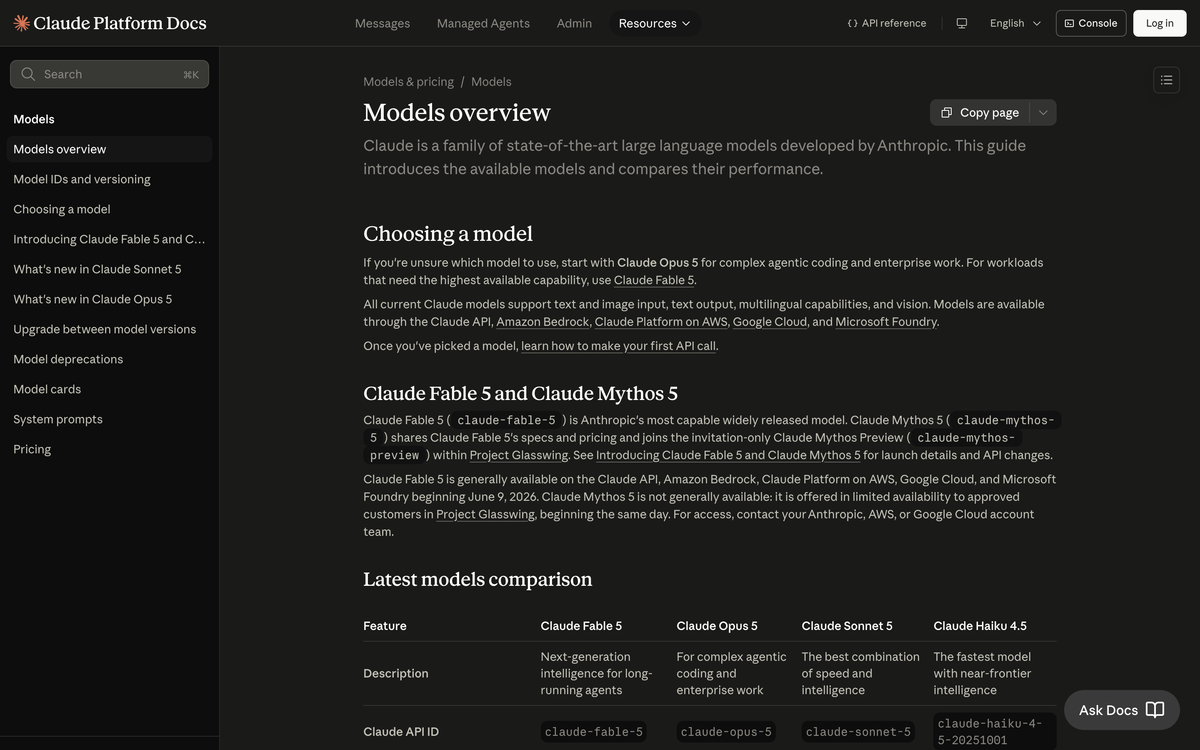 Claude Platform Docs models overview page showing the latest models comparison table with Fable 5, Opus 5, Sonnet 5 and Haiku 4.5 columns and their API identifiers