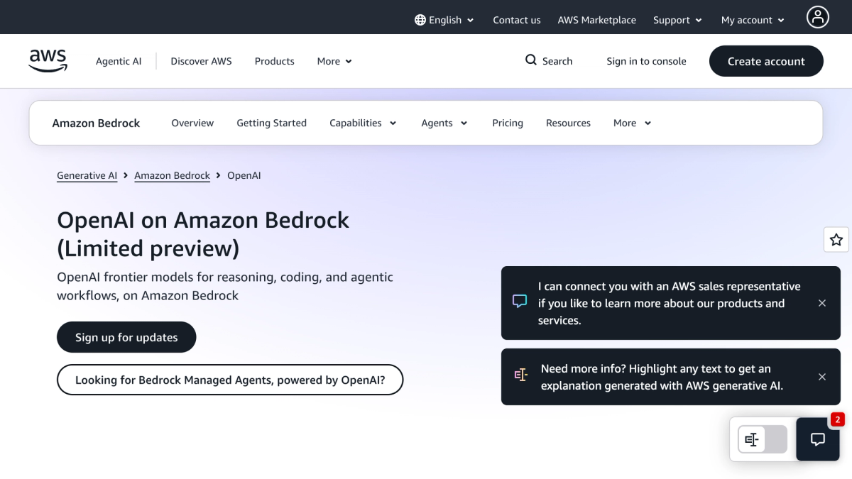 OpenAI on Amazon Bedrock product page showing limited preview status, with options to sign up for updates and explore Bedrock Managed Agents