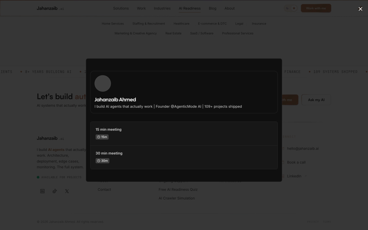 AI Readiness Assessment tool on jahanzaib.ai showing the free assessment for Australian businesses evaluating AI automation