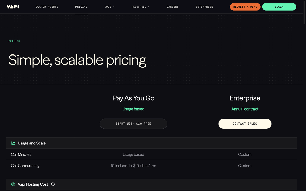 Vapi pricing page showing per-minute rates for voice AI agents