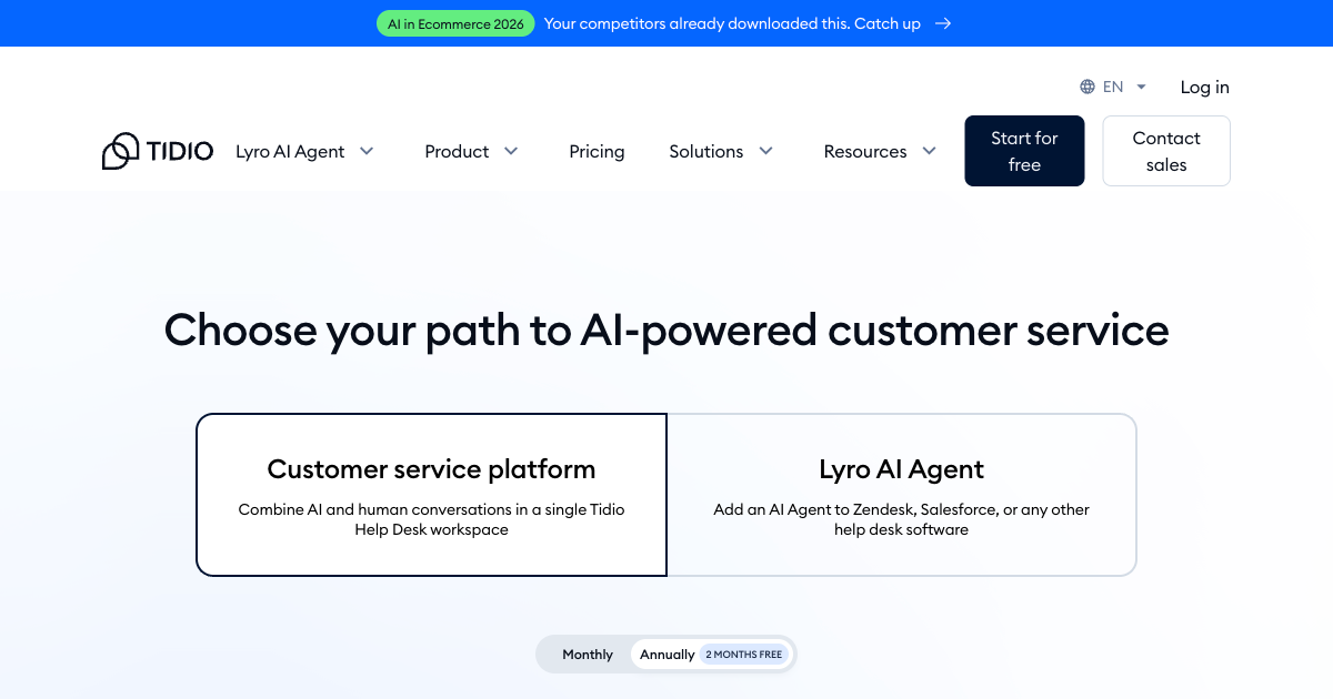 Tidio live chat pricing page showing monthly plans for small business customer service