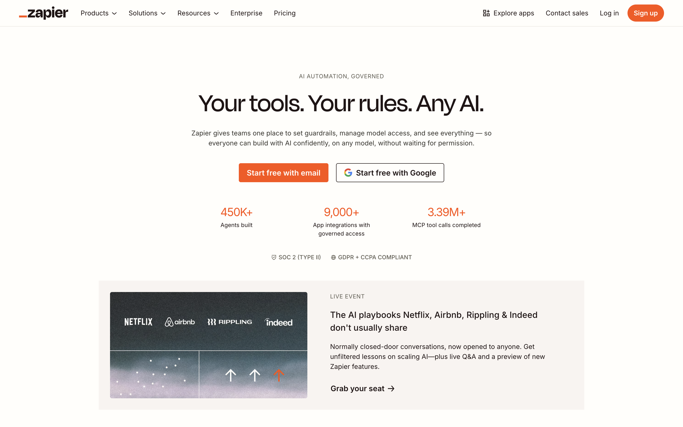 Zapier homepage showing pre-built app connectors and template-based automation workflows for standard business processes