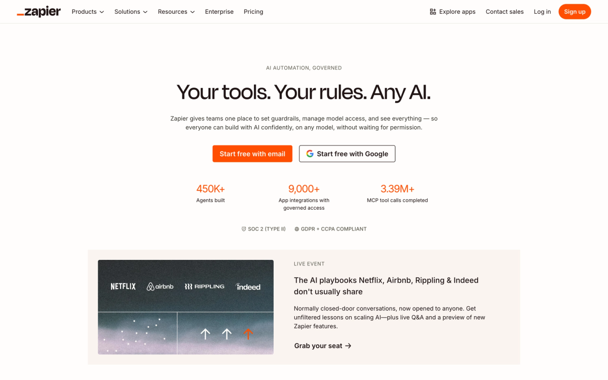 Zapier homepage showing pre-built app connectors and template-based automation workflows for standard business processes