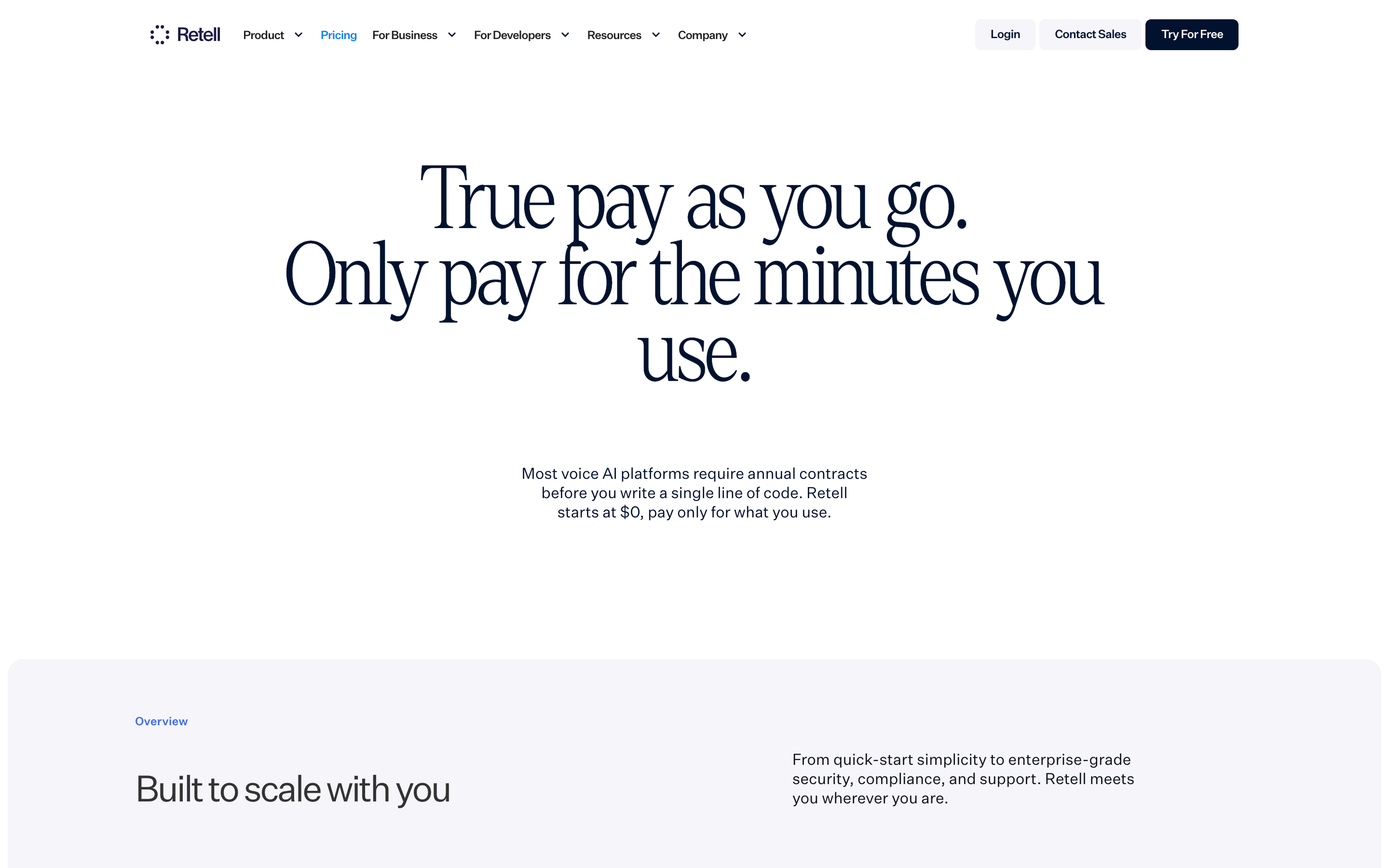 Retell AI pricing page showing Pay As You Go component breakdown and Enterprise plan options