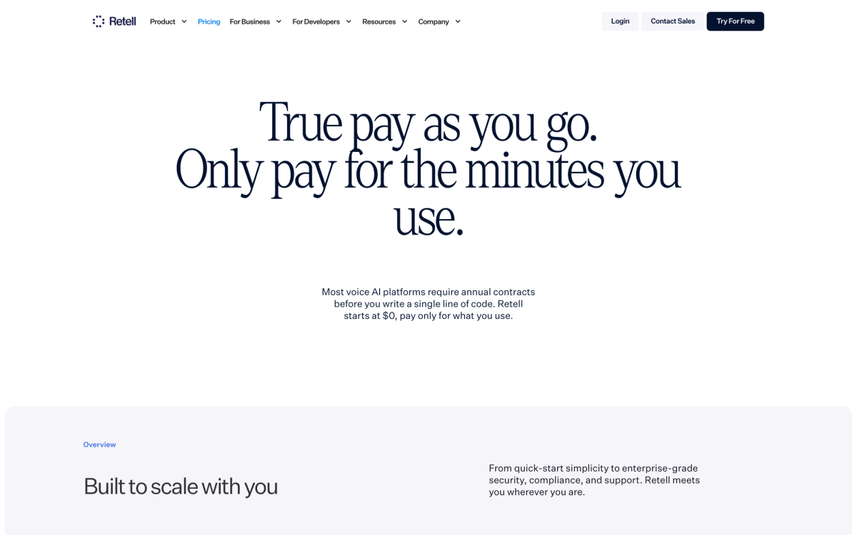 Retell AI pricing page showing Pay As You Go component breakdown and Enterprise plan options