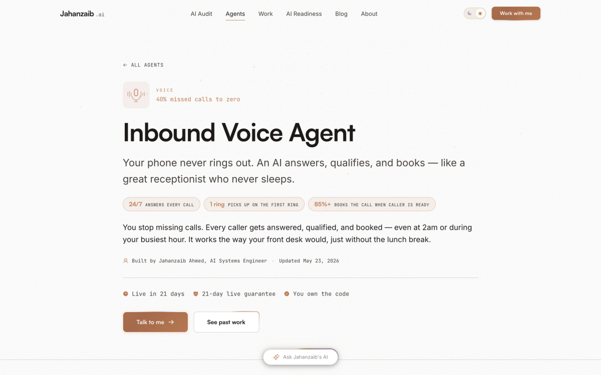 Jahanzaib Ahmed inbound voice agent page describing an AI that answers, qualifies, and books calls 24/7