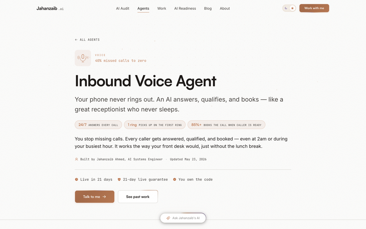 Jahanzaib Ahmed inbound voice agent page describing an AI that answers, qualifies, and books calls 24/7
