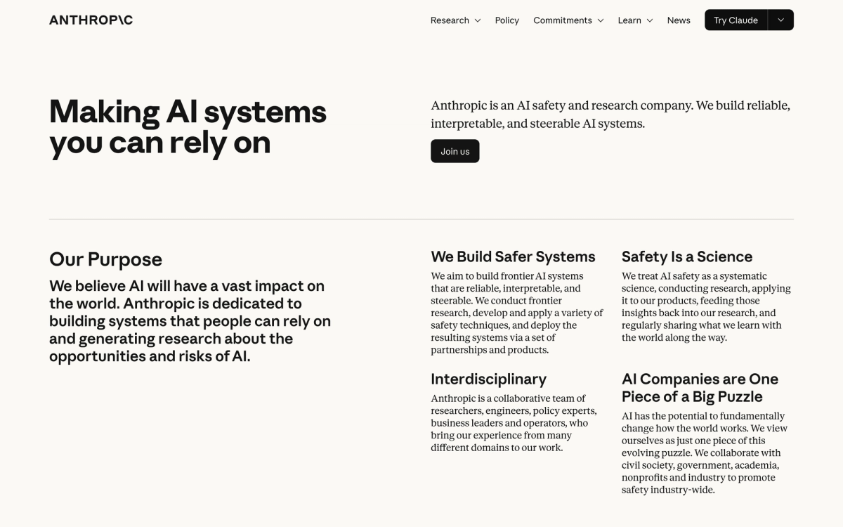 Anthropic's company page stating its purpose is building systems people can rely on and generating research about the opportunities and risks of AI