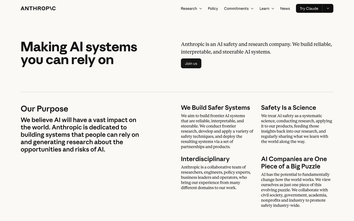 Anthropic's company page stating its purpose is building systems people can rely on and generating research about the opportunities and risks of AI
