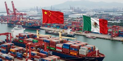Relación comercial México y China, buque con contenedores y banderas de ambos países
