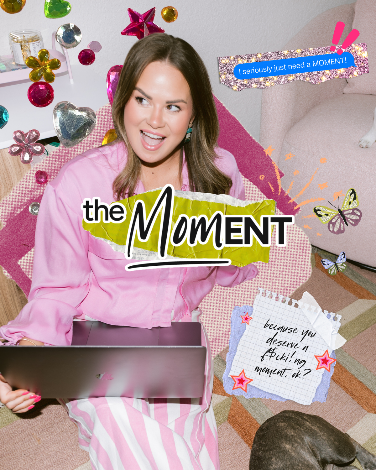 Candace sitting down with her laptop and the cover photo of the MOMent