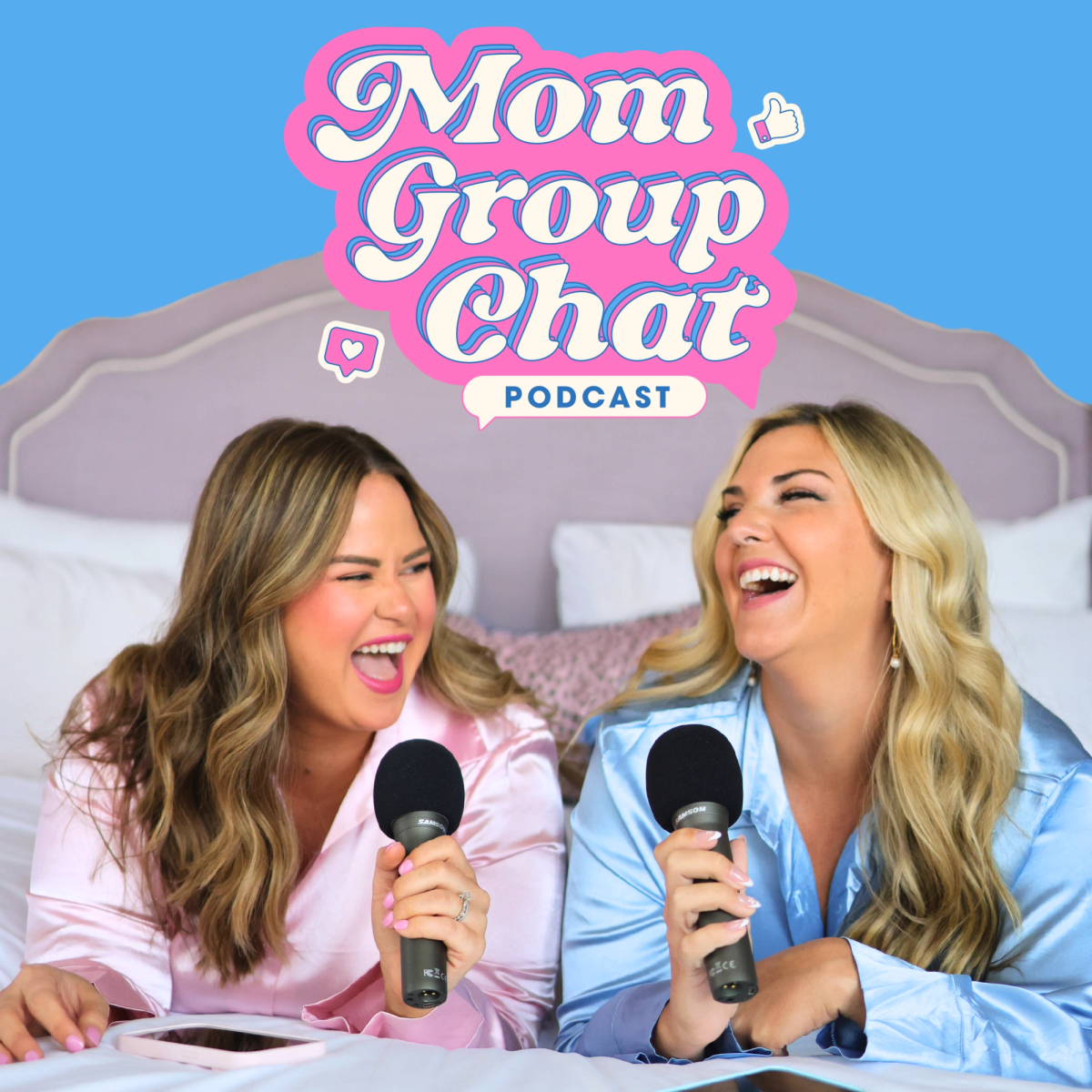 Podcast cover photo with Candace and Whitney smiling on a bed with microphones