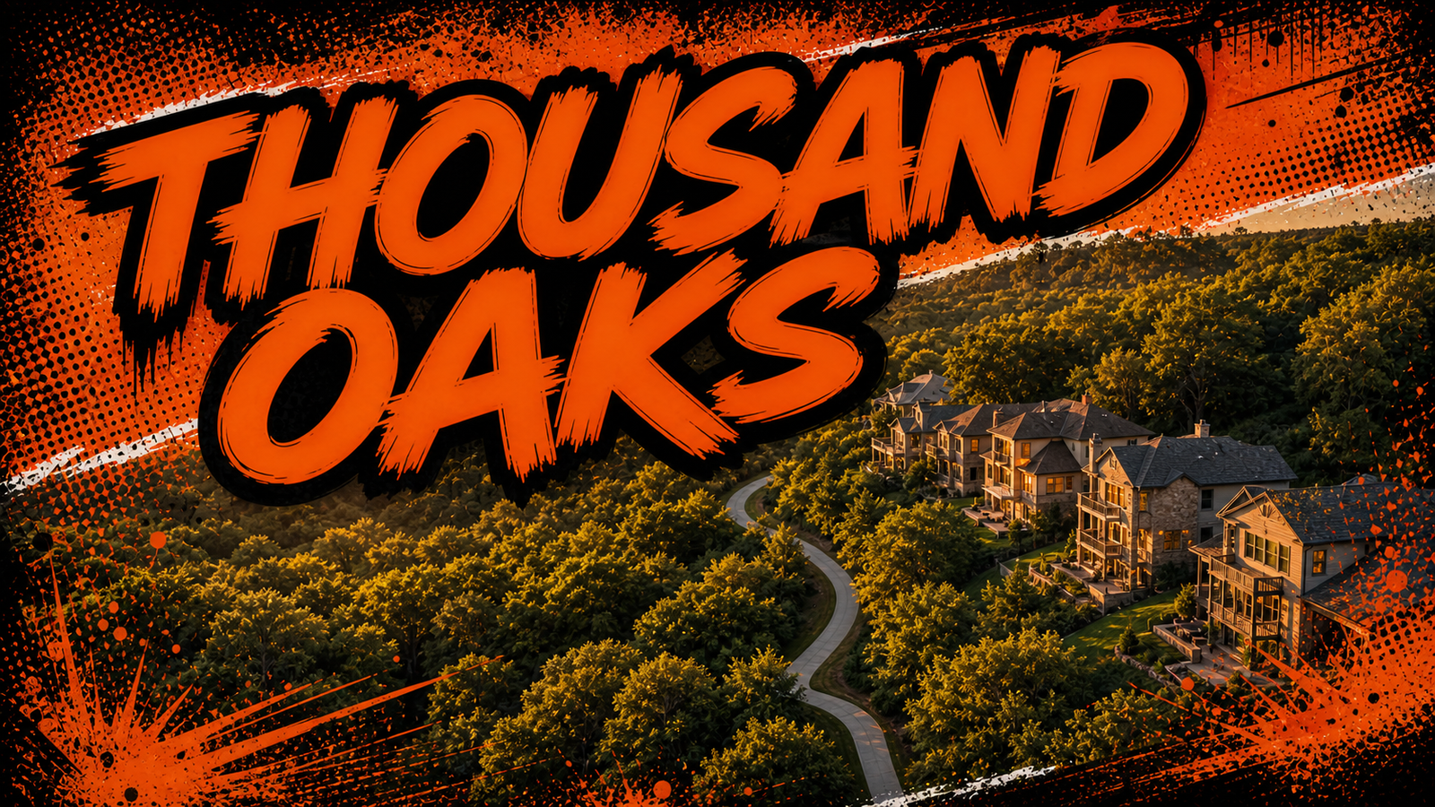 Thousand Oaks Parkville homes beside mature woods and a winding trail, illustrated in Big Mike orange-and-black graffiti style