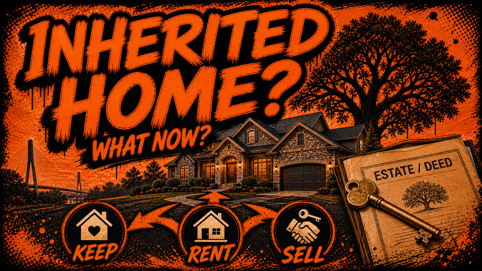 Inherited Kansas City Northland home guide showing estate deed, legacy tree, key and keep-rent-sell options, illustrated in Big Mike orange-and-black graffiti style