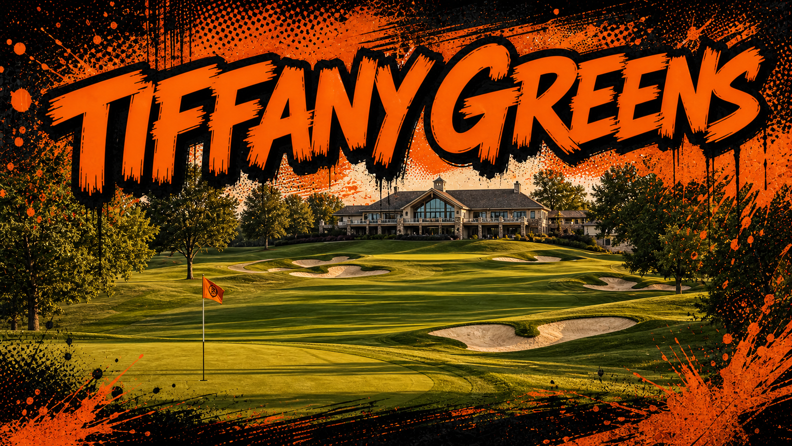 Tiffany Greens golf course fairway, bunkers and clubhouse in Kansas City North, illustrated in Big Mike orange-and-black graffiti style
