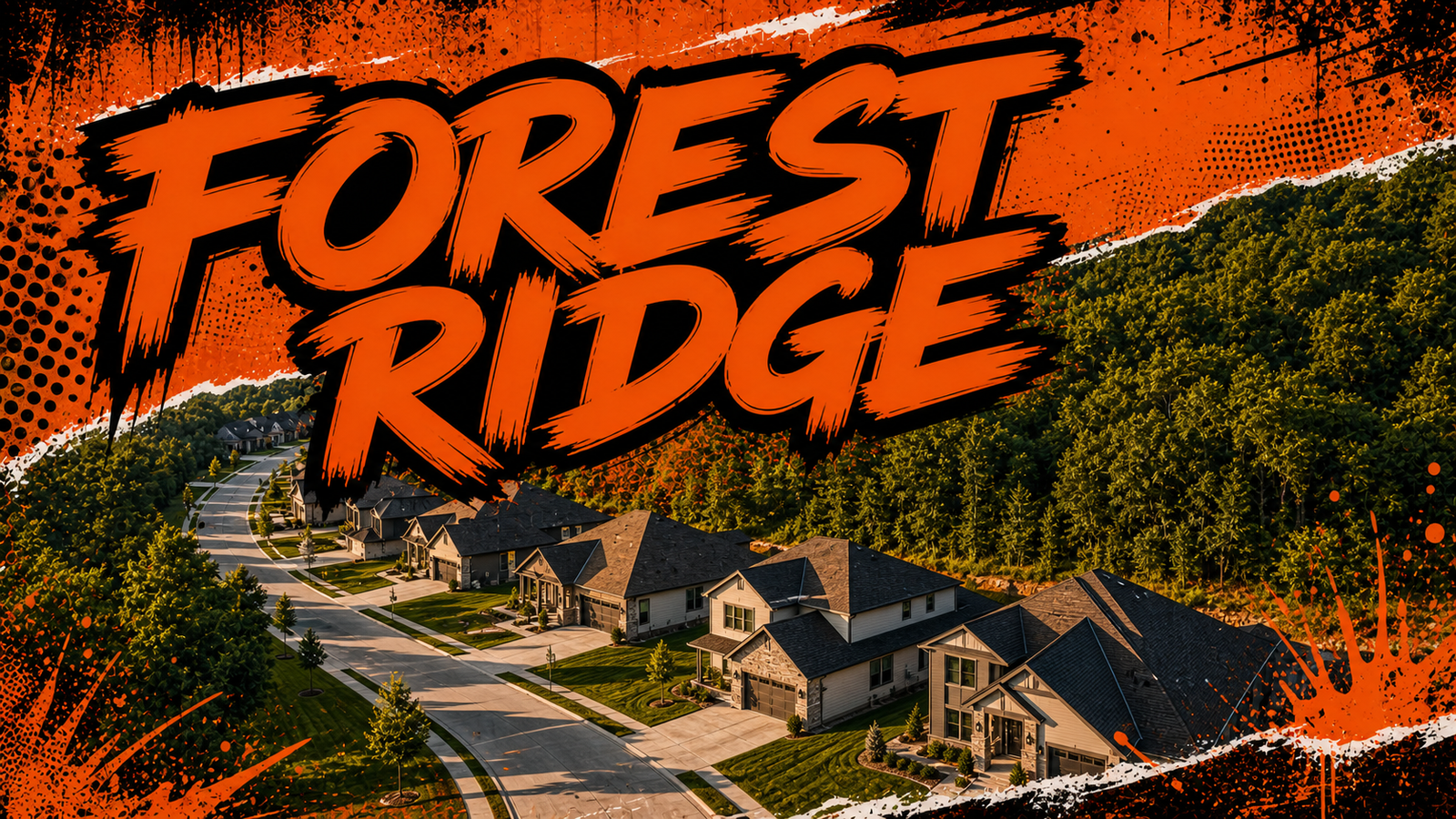 Forest Ridge Northland neighborhood homes along a curving street beside a wooded ridge, in Big Mike orange-and-black graffiti style