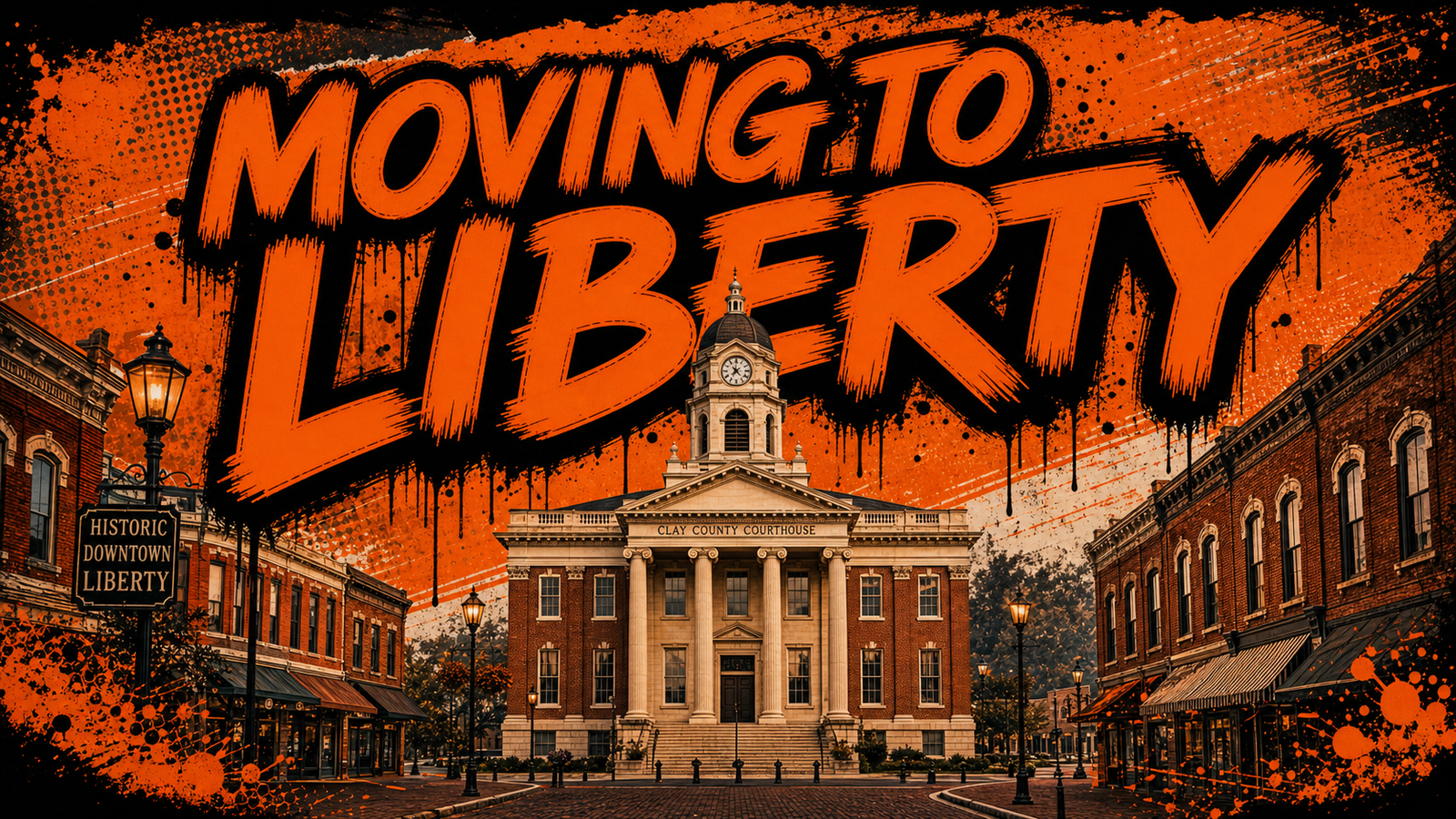 Moving to Liberty Missouri guide with Clay County Courthouse and historic downtown square, illustrated in Big Mike orange-and-black graffiti style