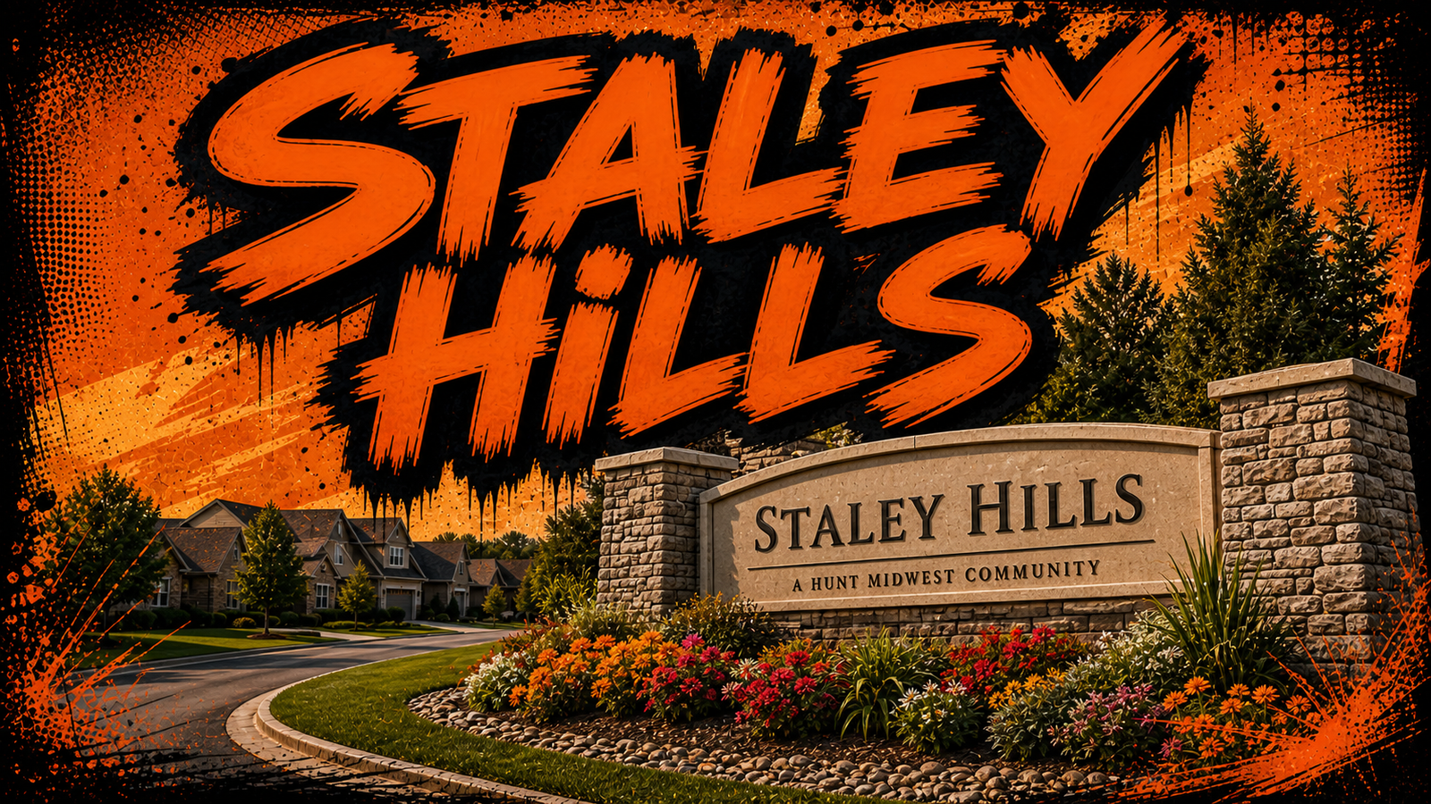 Staley Hills Hunt Midwest community entrance in Kansas City North, illustrated in Big Mike orange-and-black graffiti style