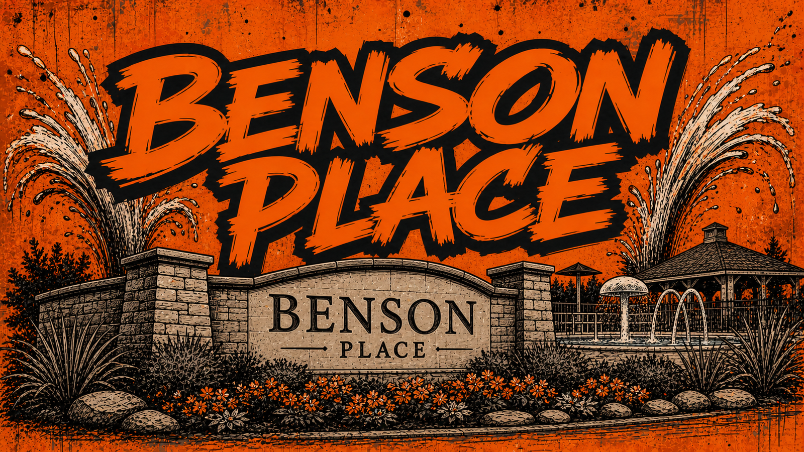 Benson Place Kansas City North neighborhood guide - custom Big Mike Sells KC entrance monument, pool and splash-park mural artwork