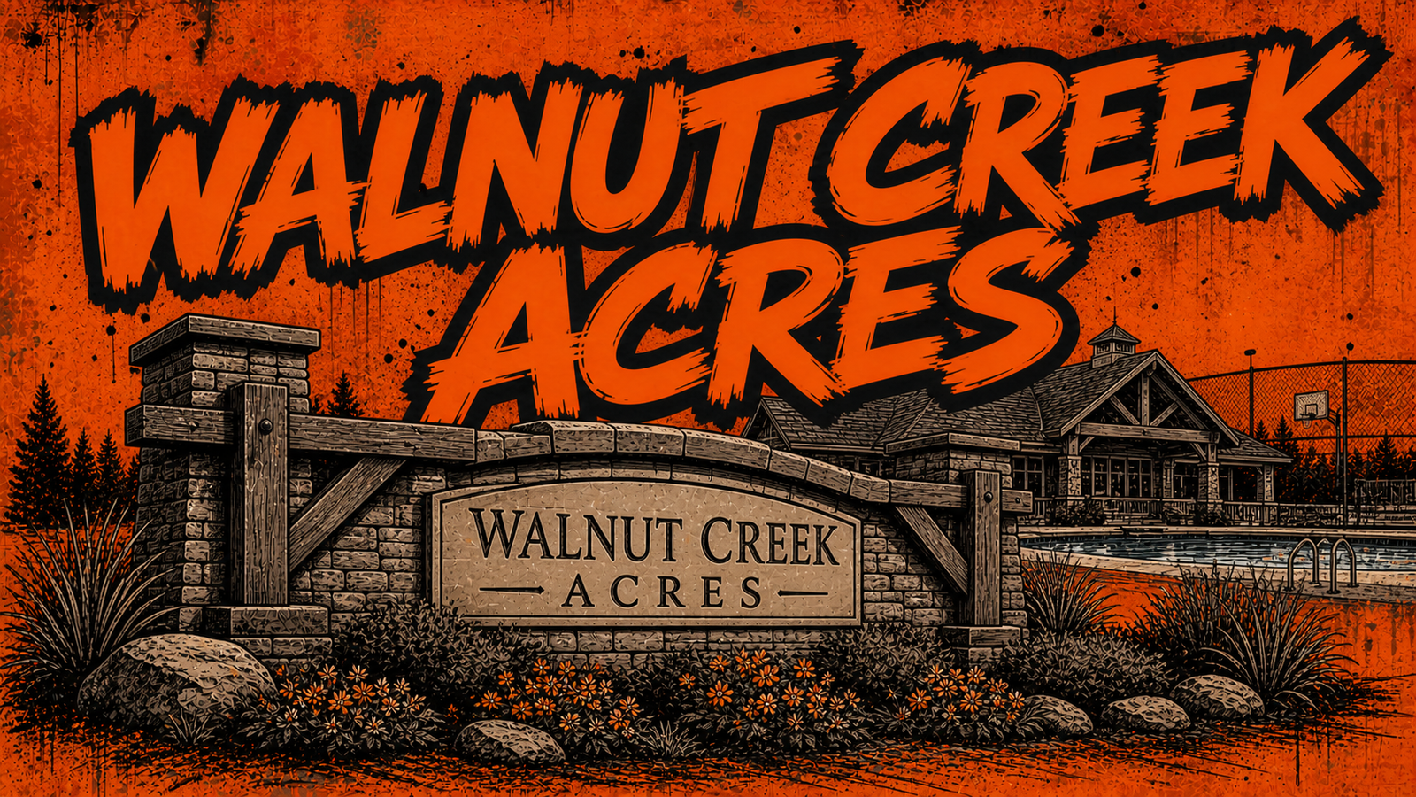 Walnut Creek Acres Parkville neighborhood guide - custom Big Mike Sells KC entrance marker, clubhouse and pool mural artwork