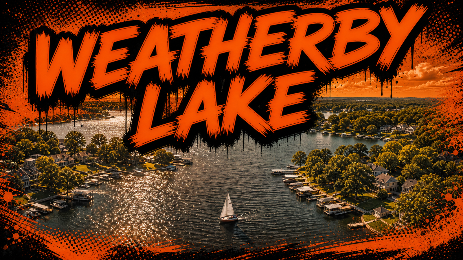 Weatherby Lake Missouri aerial with wooded residential shores, private docks and a sailboat, illustrated in Big Mike orange-and-black graffiti style