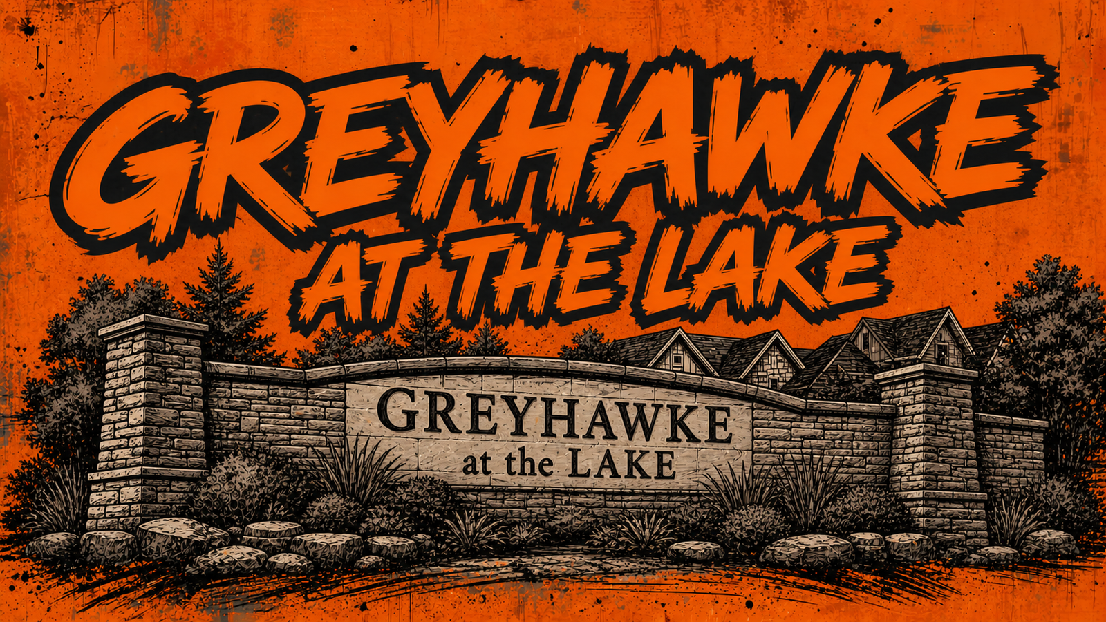 Greyhawke at the Lake Smithville neighborhood guide - custom Big Mike Sells KC orange-and-black entrance monument mural artwork