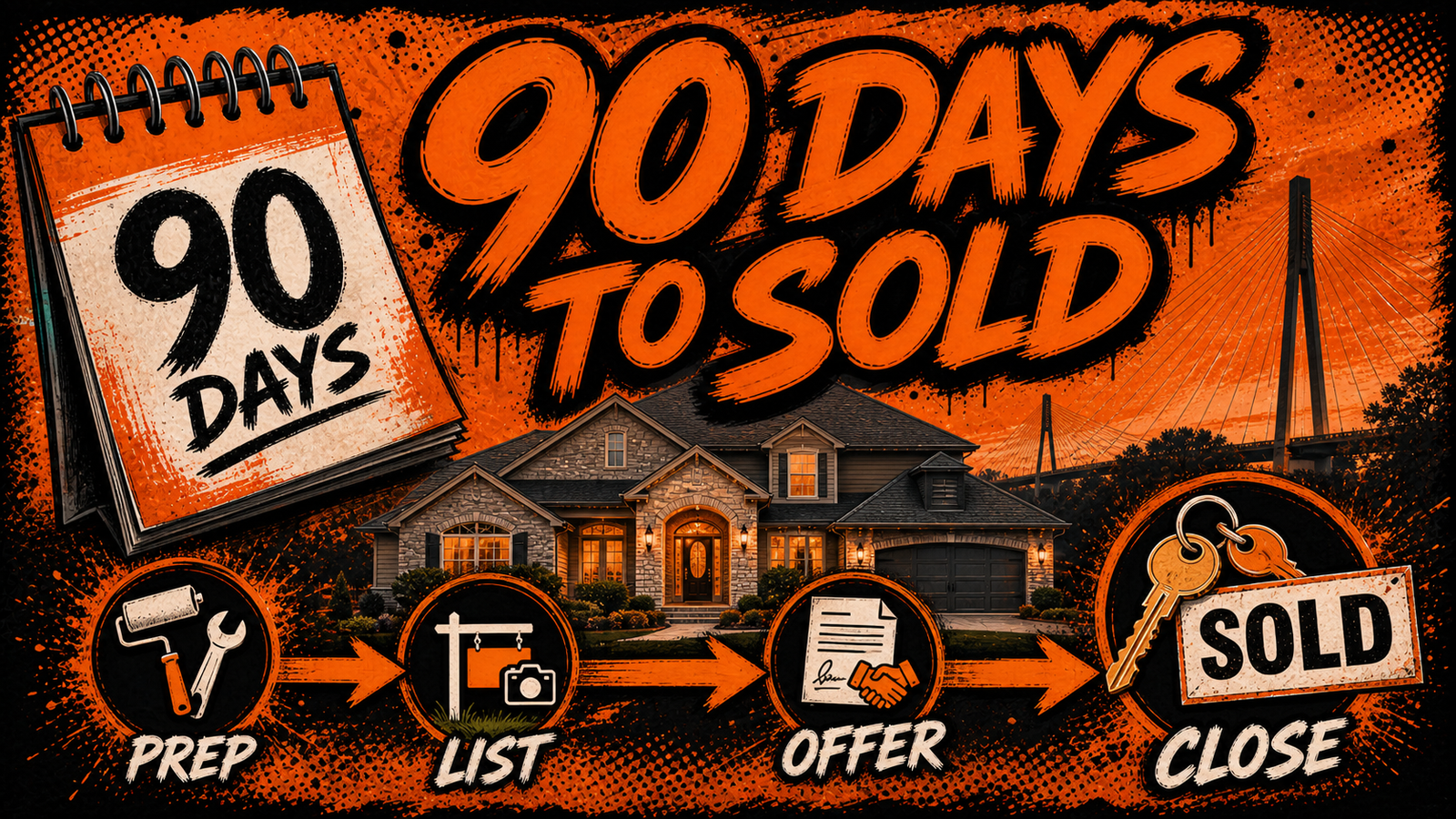 90-day Kansas City Northland home-selling timeline from preparation to listing, offer and sold closing, illustrated in Big Mike orange-and-black graffiti style