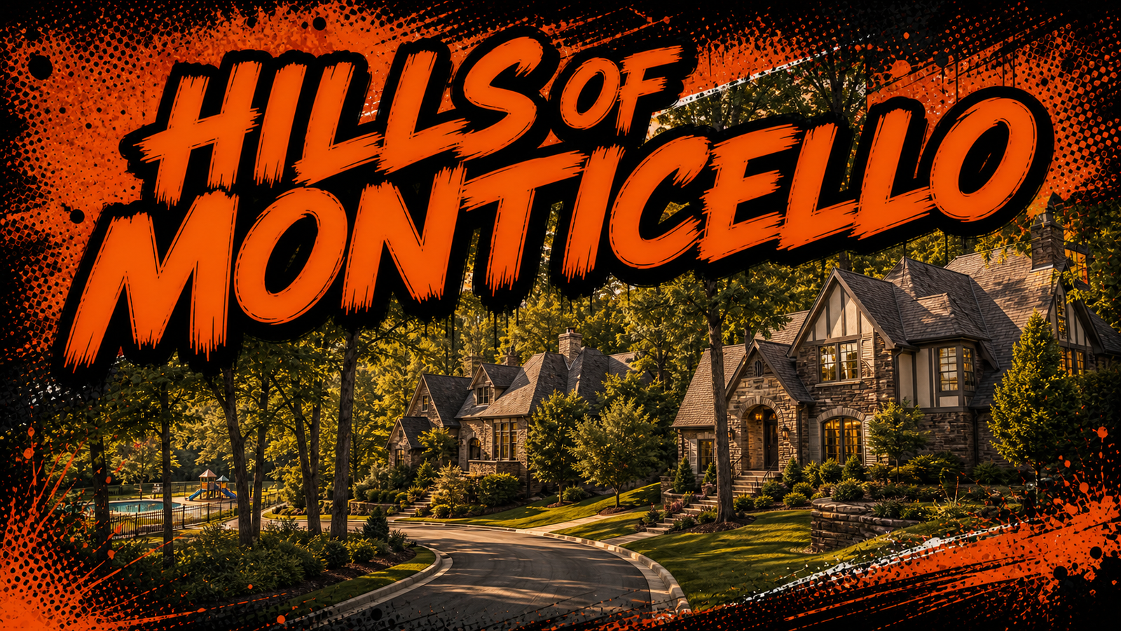 Hills of Monticello Parkville executive homes on a wooded curved street near the community pool, illustrated in Big Mike orange-and-black graffiti style
