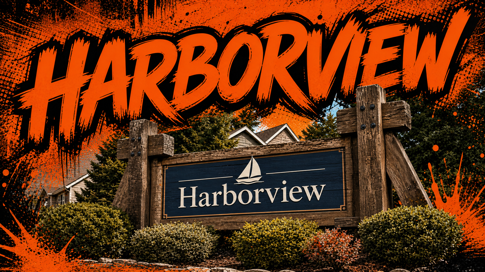 Harborview neighborhood entrance sign in Smithville, Missouri, illustrated in Big Mike orange-and-black graffiti style