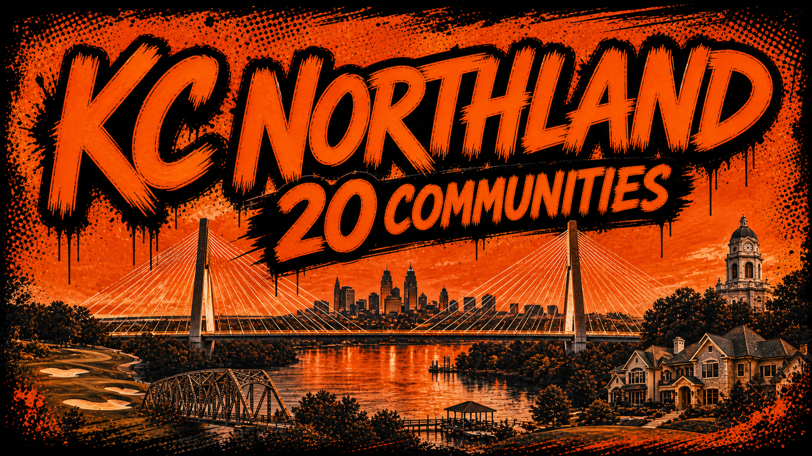 Kansas City Northland 20 communities hub with Bond Bridge, Missouri River, skyline, Parkville bridge, Liberty courthouse, golf, lake and homes, illustrated in Big Mike graffiti style