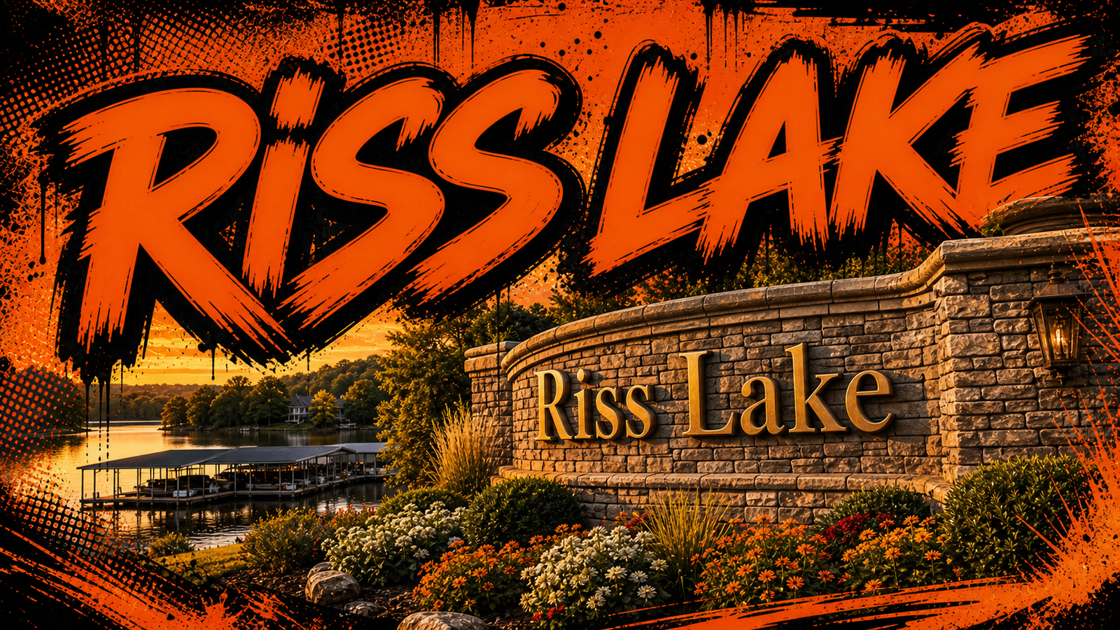 Riss Lake Parkville stone entrance monument, wooded lake and covered marina, illustrated in Big Mike orange-and-black graffiti style
