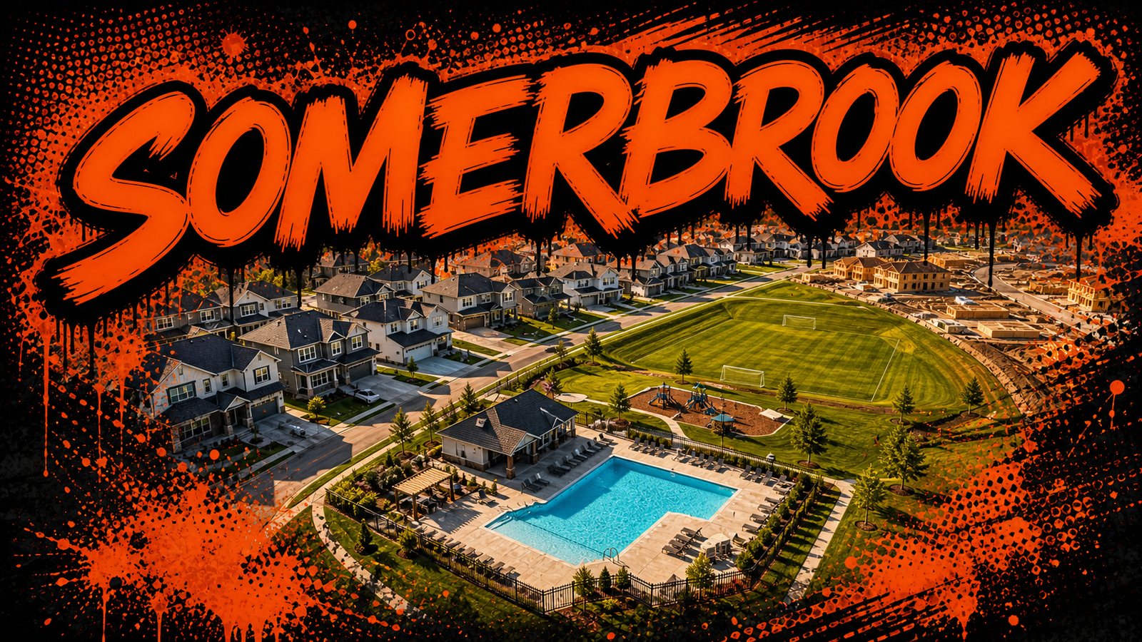 SomerBrook Northland community pool, clubhouse, soccer field and new homes, illustrated in Big Mike orange-and-black graffiti style